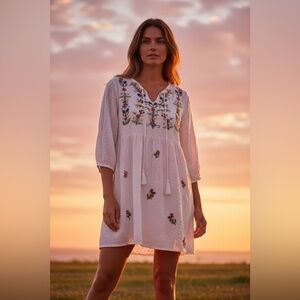 Floral Embroidered White Cottagecore Boho Flowy Romantic Artisan Dress Small